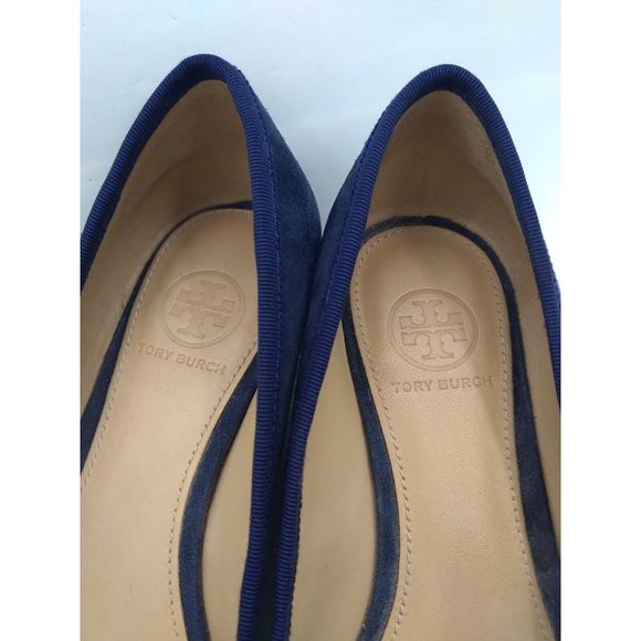 Tory Burch Blue Leather Suede Chelsea Wedge Heels Bow Logo Round Toe 7M - Picture 4 of 15
